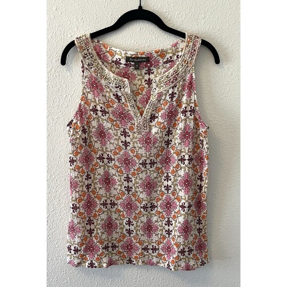 Tommy Bahama Women's Top Tunic Tank Size Med Floral Beaded Gauzy Boho Vacation - Picture 1 of 15